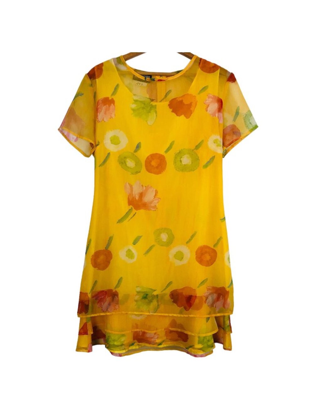 Vtg Byer Studio Women's Sheer Dress 14 Floral Artsy Yellow 3-Tiered Hem USA